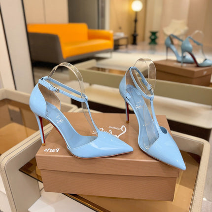CHRISTIAN LOUBOUTIN 26S T-STRAP HIGH HEELS 105 MM IN SKY BLUE PATENT CALFSKIN