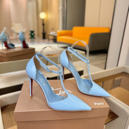 CHRISTIAN LOUBOUTIN 26S T-STRAP HIGH HEELS 105 MM IN SKY BLUE PATENT CALFSKIN