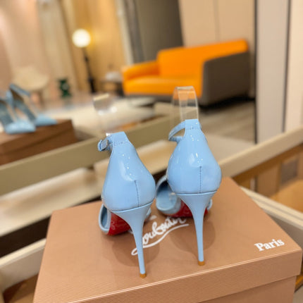 CHRISTIAN LOUBOUTIN 26S T-STRAP HIGH HEELS 105 MM IN SKY BLUE PATENT CALFSKIN