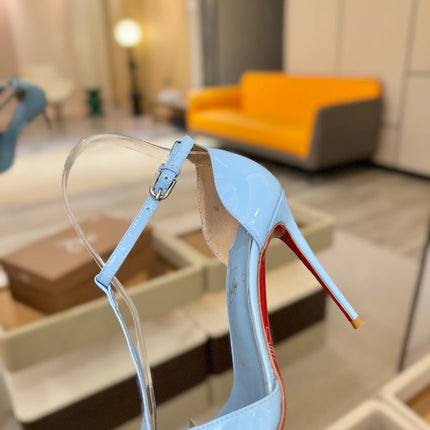 CHRISTIAN LOUBOUTIN 26S T-STRAP HIGH HEELS 105 MM IN SKY BLUE PATENT CALFSKIN