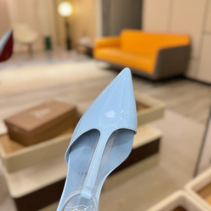 CHRISTIAN LOUBOUTIN 26S T-STRAP HIGH HEELS 105 MM IN SKY BLUE PATENT CALFSKIN