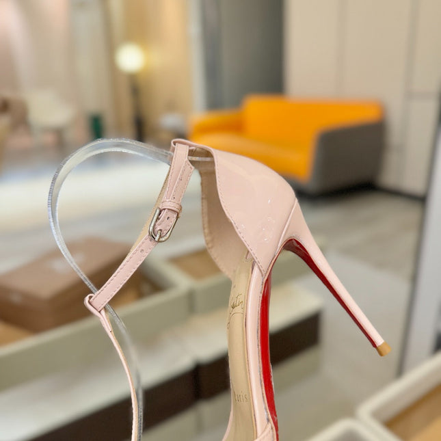 CHRISTIAN LOUBOUTIN 26S T-STRAP HIGH HEELS 105 MM IN NUDE PATENT CALFSKIN