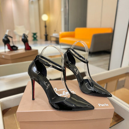 CHRISTIAN LOUBOUTIN 26S T-STRAP HIGH HEELS 105 MM IN BLACK PATENT CALFSKIN