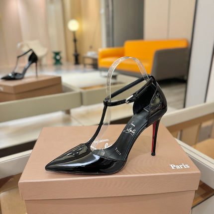 CHRISTIAN LOUBOUTIN 26S T-STRAP HIGH HEELS 105 MM IN BLACK PATENT CALFSKIN