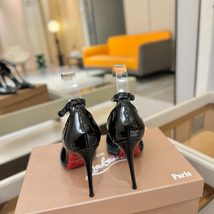 CHRISTIAN LOUBOUTIN 26S T-STRAP HIGH HEELS 105 MM IN BLACK PATENT CALFSKIN