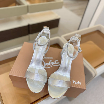 CHRISTIAN LOUBOUTIN 26S HEELED SANDALS 85 MM IN SILVER PATENT CALFSKIN