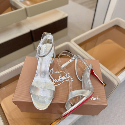CHRISTIAN LOUBOUTIN 26S HEELED SANDALS 85 MM IN SILVER PATENT CALFSKIN