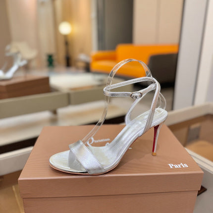 CHRISTIAN LOUBOUTIN 26S HEELED SANDALS 85 MM IN SILVER PATENT CALFSKIN