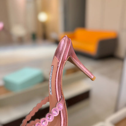 AQUAZZURA 26S TEQUILA HEELED SANDALS 85 MM IN METALLIC PINK LAMBSKIN