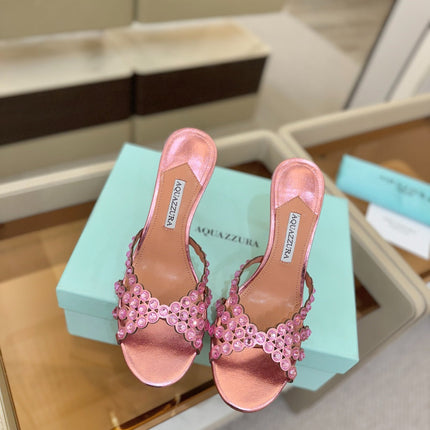 AQUAZZURA 26S TEQUILA HEELED SANDALS 85 MM IN METALLIC PINK LAMBSKIN