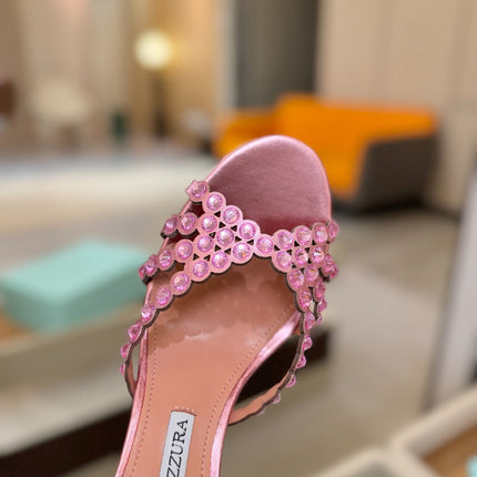 AQUAZZURA 26S TEQUILA HEELED SANDALS 85 MM IN METALLIC PINK LAMBSKIN