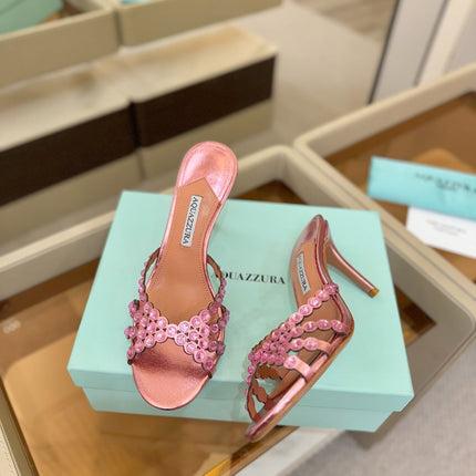 AQUAZZURA 26S TEQUILA HEELED SANDALS 85 MM IN METALLIC PINK LAMBSKIN