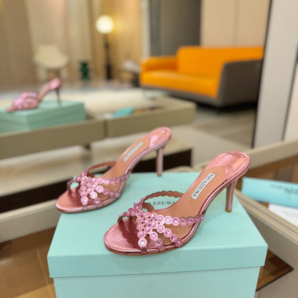 AQUAZZURA 26S TEQUILA HEELED SANDALS 85 MM IN METALLIC PINK LAMBSKIN
