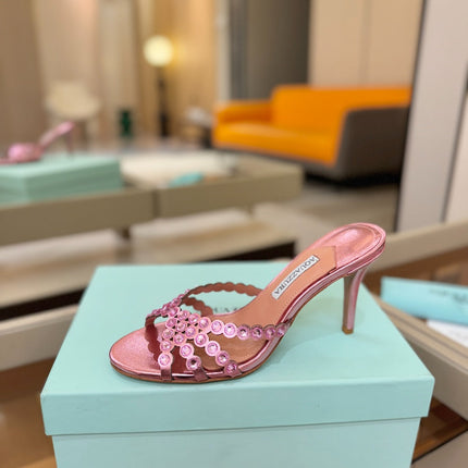AQUAZZURA 26S TEQUILA HEELED SANDALS 85 MM IN METALLIC PINK LAMBSKIN