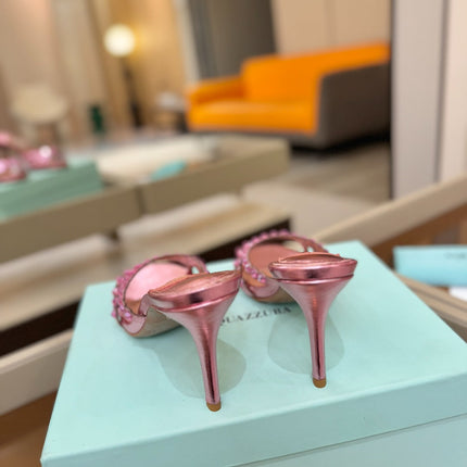AQUAZZURA 26S TEQUILA HEELED SANDALS 85 MM IN METALLIC PINK LAMBSKIN