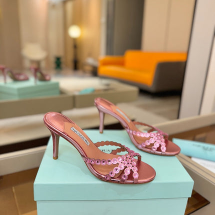 AQUAZZURA 26S TEQUILA HEELED SANDALS 85 MM IN METALLIC PINK LAMBSKIN