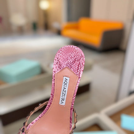 AQUAZZURA 26S TEQUILA HEELED SANDALS 85 MM IN PINK SNAKESKIN WITH MULTICOLOR CRYSTAL