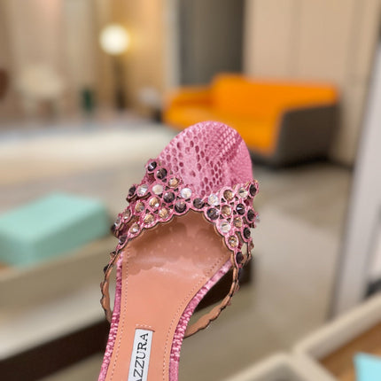 AQUAZZURA 26S TEQUILA HEELED SANDALS 85 MM IN PINK SNAKESKIN WITH MULTICOLOR CRYSTAL