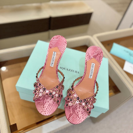 AQUAZZURA 26S TEQUILA HEELED SANDALS 85 MM IN PINK SNAKESKIN WITH MULTICOLOR CRYSTAL