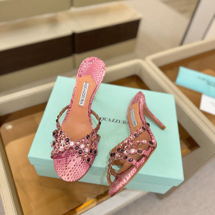 AQUAZZURA 26S TEQUILA HEELED SANDALS 85 MM IN PINK SNAKESKIN WITH MULTICOLOR CRYSTAL