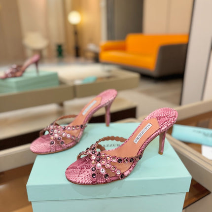 AQUAZZURA 26S TEQUILA HEELED SANDALS 85 MM IN PINK SNAKESKIN WITH MULTICOLOR CRYSTAL