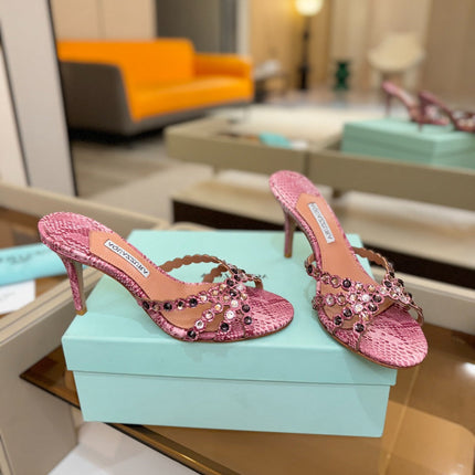 AQUAZZURA 26S TEQUILA HEELED SANDALS 85 MM IN PINK SNAKESKIN WITH MULTICOLOR CRYSTAL