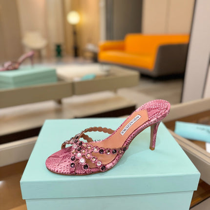 AQUAZZURA 26S TEQUILA HEELED SANDALS 85 MM IN PINK SNAKESKIN WITH MULTICOLOR CRYSTAL