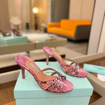 AQUAZZURA 26S TEQUILA HEELED SANDALS 85 MM IN PINK SNAKESKIN WITH MULTICOLOR CRYSTAL