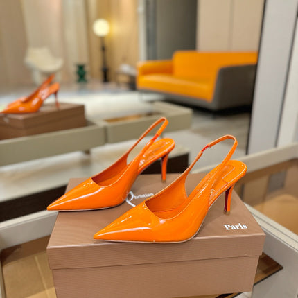 CHRISTIAN LOUBOUTIN 26S SLINGBACK HEELS 85 MM IN ORANGE PATENT CALFSKIN