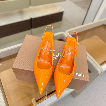 CHRISTIAN LOUBOUTIN 26S SLINGBACK HEELS 85 MM IN ORANGE PATENT CALFSKIN