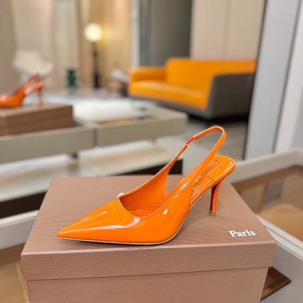 CHRISTIAN LOUBOUTIN 26S SLINGBACK HEELS 85 MM IN ORANGE PATENT CALFSKIN