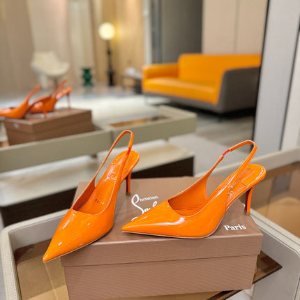 CHRISTIAN LOUBOUTIN 26S SLINGBACK HEELS 85 MM IN ORANGE PATENT CALFSKIN