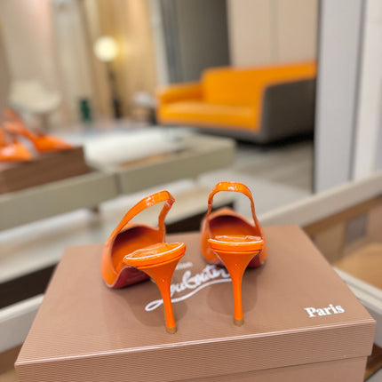 CHRISTIAN LOUBOUTIN 26S SLINGBACK HEELS 85 MM IN ORANGE PATENT CALFSKIN