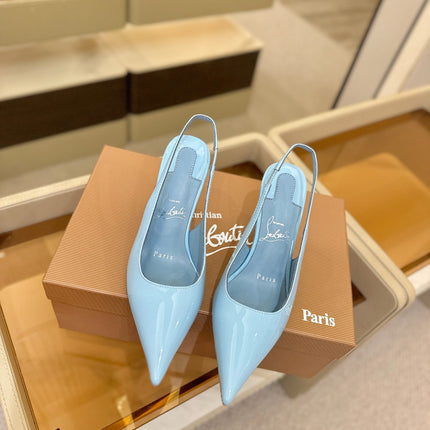 CHRISTIAN LOUBOUTIN 26S SLINGBACK HEELS 85 MM IN SKY BLUE PATENT CALFSKIN
