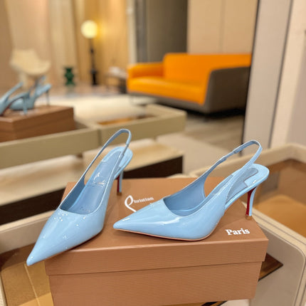 CHRISTIAN LOUBOUTIN 26S SLINGBACK HEELS 85 MM IN SKY BLUE PATENT CALFSKIN