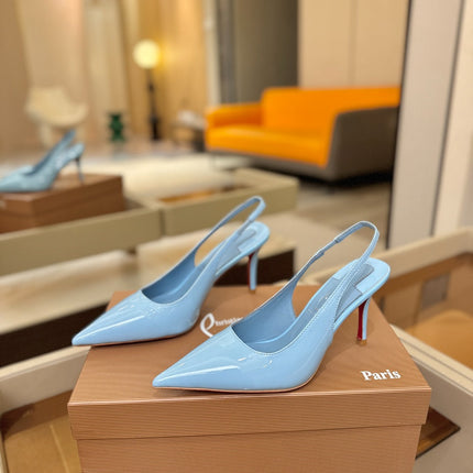 CHRISTIAN LOUBOUTIN 26S SLINGBACK HEELS 85 MM IN SKY BLUE PATENT CALFSKIN