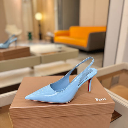 CHRISTIAN LOUBOUTIN 26S SLINGBACK HEELS 85 MM IN SKY BLUE PATENT CALFSKIN