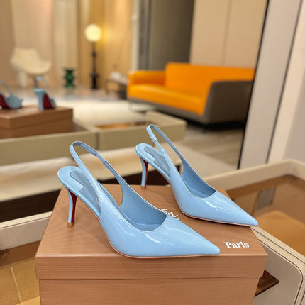 CHRISTIAN LOUBOUTIN 26S SLINGBACK HEELS 85 MM IN SKY BLUE PATENT CALFSKIN