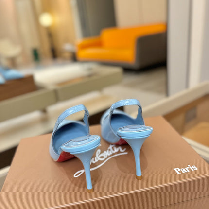 CHRISTIAN LOUBOUTIN 26S SLINGBACK HEELS 85 MM IN SKY BLUE PATENT CALFSKIN