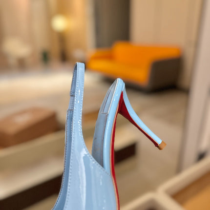 CHRISTIAN LOUBOUTIN 26S SLINGBACK HEELS 85 MM IN SKY BLUE PATENT CALFSKIN