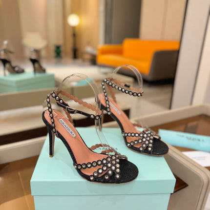 AQUAZZURA 26S STRAPPY HIGH HEELS 105 MM IN BLACK TEXTURED LEATHER