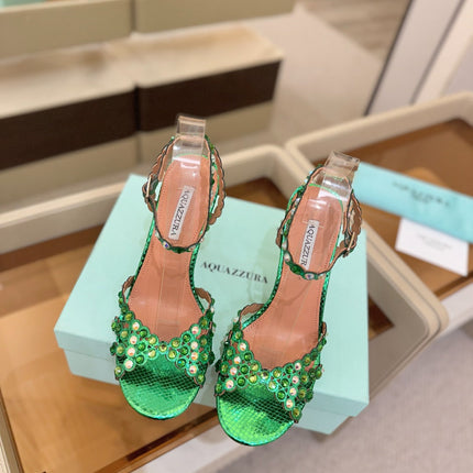 AQUAZZURA 26S STRAPPY HIGH HEELS 105 MM IN GREEN SNAKESKIN