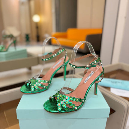 AQUAZZURA 26S STRAPPY HIGH HEELS 105 MM IN GREEN SNAKESKIN