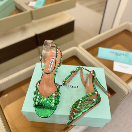 AQUAZZURA 26S STRAPPY HIGH HEELS 105 MM IN GREEN SNAKESKIN