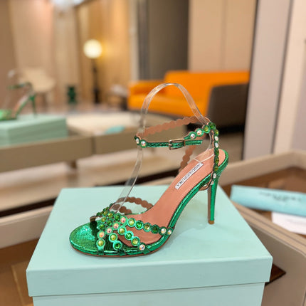 AQUAZZURA 26S STRAPPY HIGH HEELS 105 MM IN GREEN SNAKESKIN