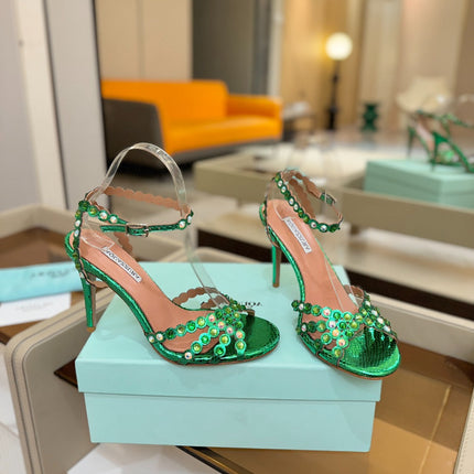 AQUAZZURA 26S STRAPPY HIGH HEELS 105 MM IN GREEN SNAKESKIN