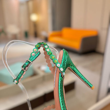 AQUAZZURA 26S STRAPPY HIGH HEELS 105 MM IN GREEN SNAKESKIN