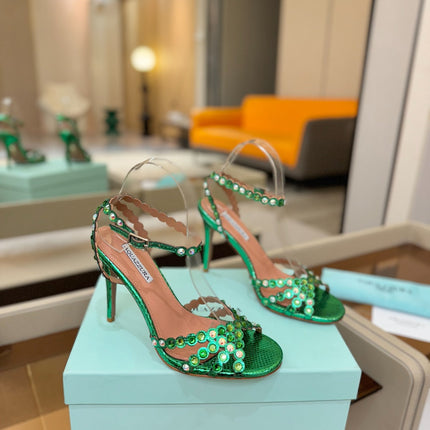 AQUAZZURA 26S STRAPPY HIGH HEELS 105 MM IN GREEN SNAKESKIN