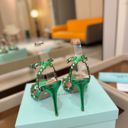 AQUAZZURA 26S STRAPPY HIGH HEELS 105 MM IN GREEN SNAKESKIN