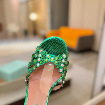 AQUAZZURA 26S STRAPPY HIGH HEELS 105 MM IN GREEN SNAKESKIN
